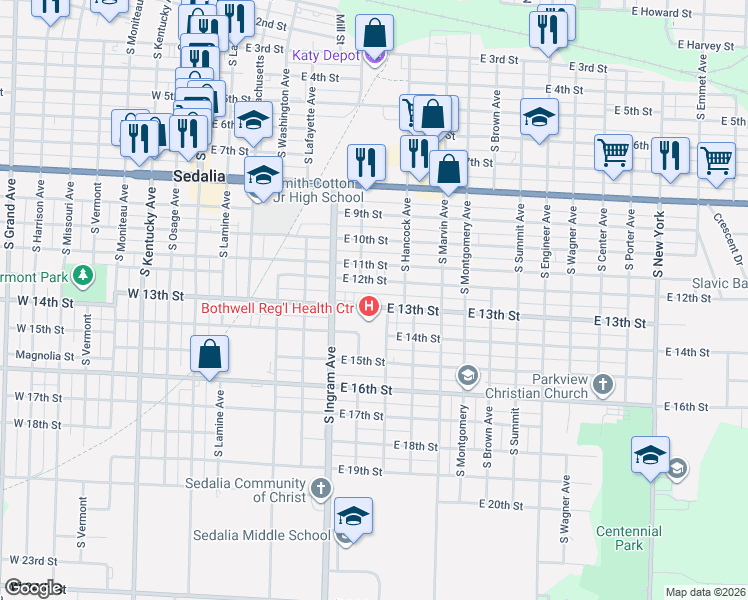 map of restaurants, bars, coffee shops, grocery stores, and more near 645 East 13th Street in Sedalia