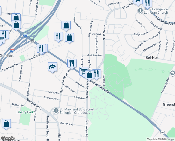 map of restaurants, bars, coffee shops, grocery stores, and more near 2719 Old Hanley Road in St. Louis