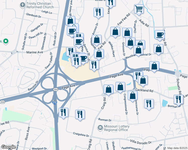 map of restaurants, bars, coffee shops, grocery stores, and more near 25 Westport Plaza in St Louis