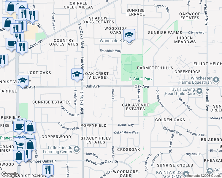 map of restaurants, bars, coffee shops, grocery stores, and more near 7349 Cross Drive in Citrus Heights