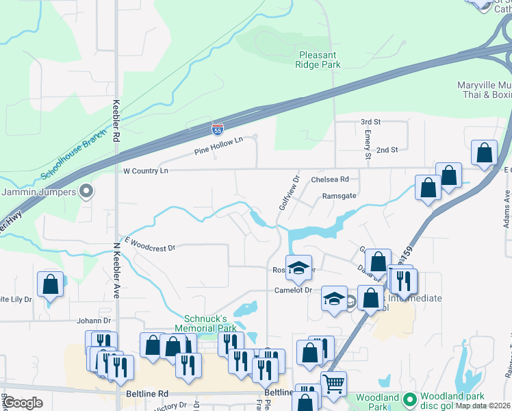 map of restaurants, bars, coffee shops, grocery stores, and more near 306 Northoak Drive in Collinsville