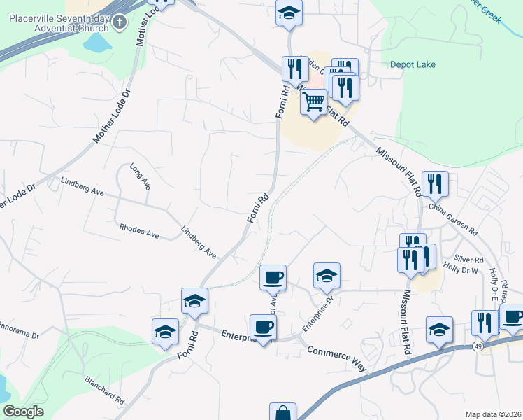 map of restaurants, bars, coffee shops, grocery stores, and more near 4031 Forni Road in Placerville