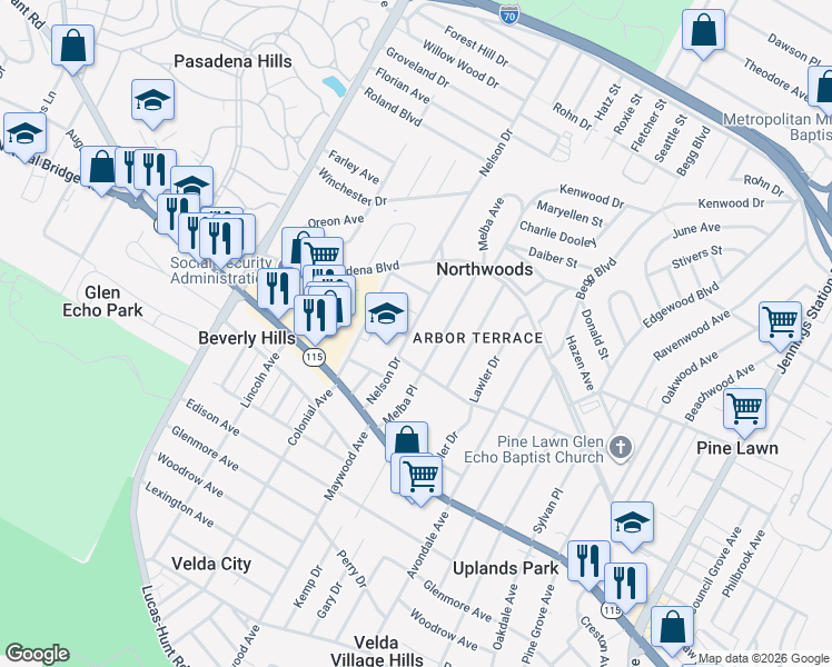 map of restaurants, bars, coffee shops, grocery stores, and more near 6902 Alberici Avenue in St. Louis