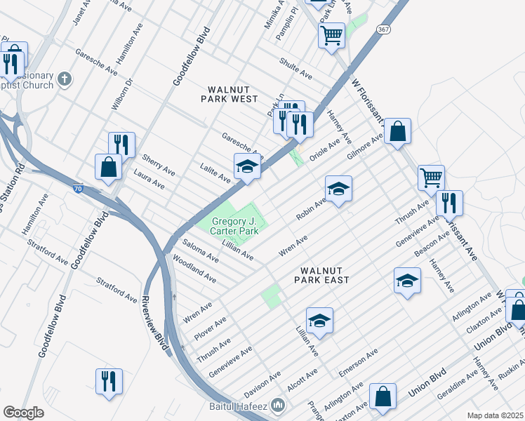 map of restaurants, bars, coffee shops, grocery stores, and more near 5123 Gilmore Avenue in St. Louis