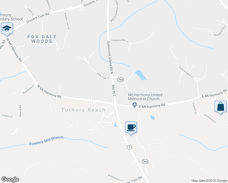 map of restaurants, bars, coffee shops, grocery stores, and more near Md Rt 2 in Owings