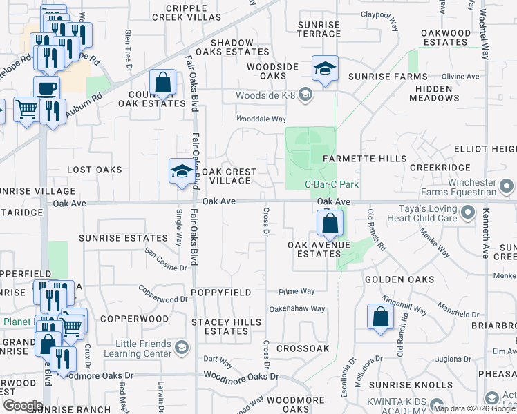 map of restaurants, bars, coffee shops, grocery stores, and more near 7349 Cross Drive in Citrus Heights