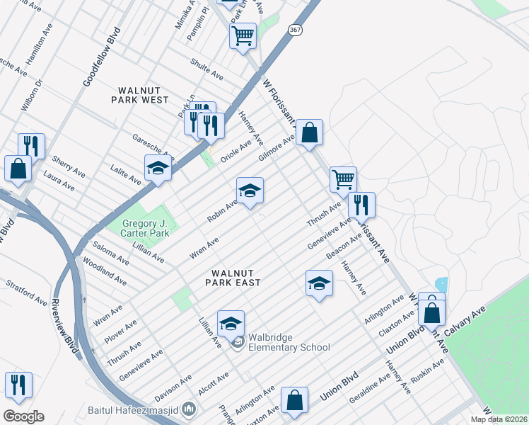 map of restaurants, bars, coffee shops, grocery stores, and more near 5422 Wren Avenue in St. Louis