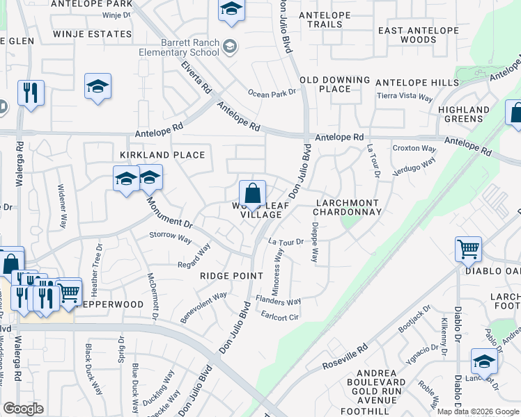 map of restaurants, bars, coffee shops, grocery stores, and more near 7344 High Point Lane in Sacramento