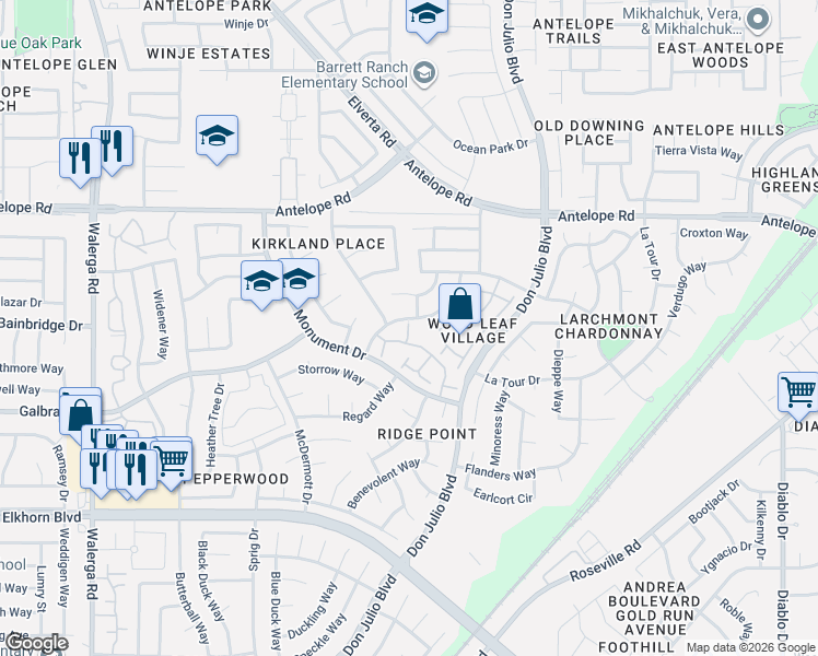 map of restaurants, bars, coffee shops, grocery stores, and more near 4830 Dover Lane in Sacramento