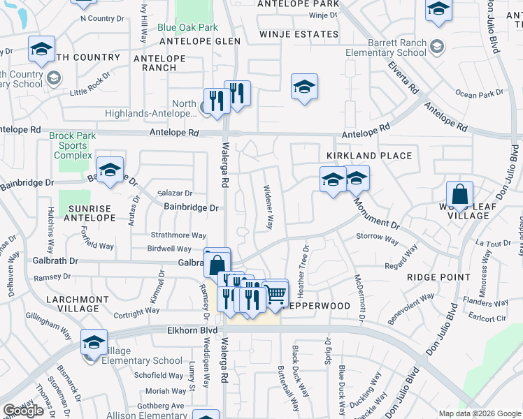 map of restaurants, bars, coffee shops, grocery stores, and more near 7344 Butterball Way in Sacramento