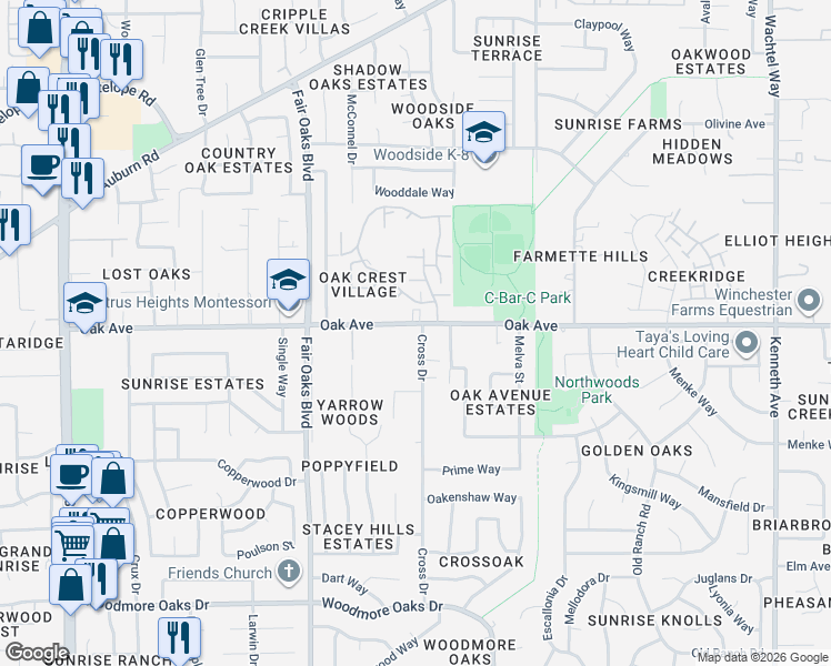 map of restaurants, bars, coffee shops, grocery stores, and more near 7349 Cross Drive in Citrus Heights