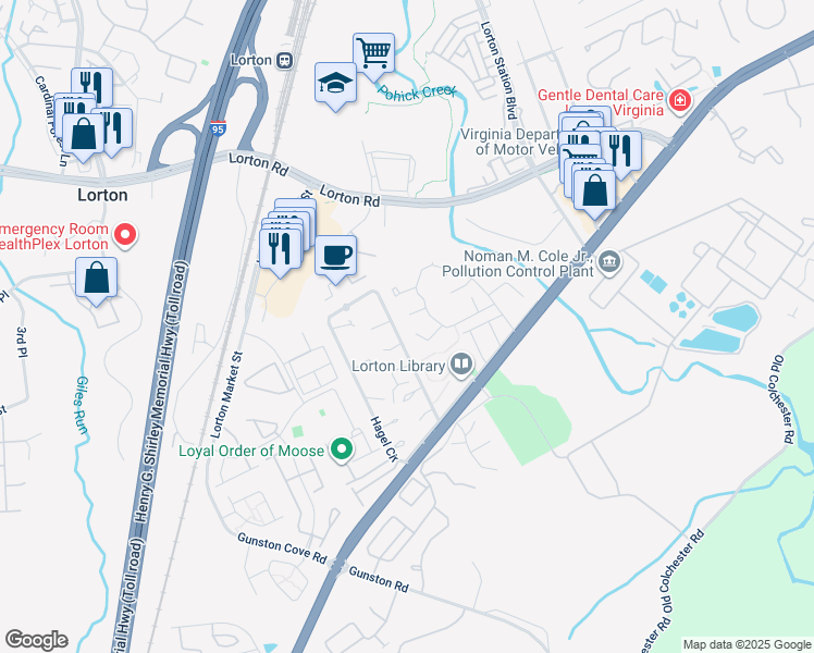 map of restaurants, bars, coffee shops, grocery stores, and more near 7832 Bellwether Court in Lorton