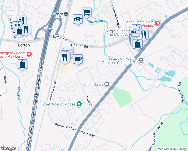 map of restaurants, bars, coffee shops, grocery stores, and more near 7832 Bellwether Court in Lorton