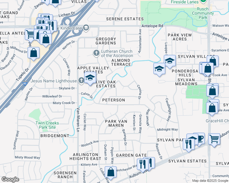 map of restaurants, bars, coffee shops, grocery stores, and more near 7405 Knudsen Way in Citrus Heights