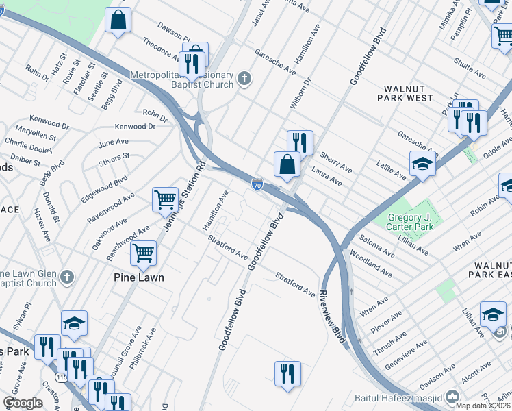 map of restaurants, bars, coffee shops, grocery stores, and more near 6319 Windham Avenue in St. Louis
