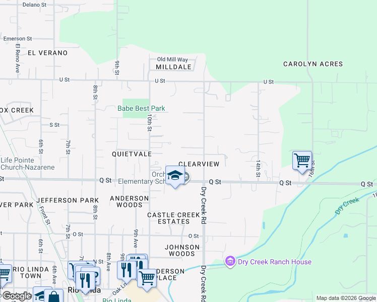 map of restaurants, bars, coffee shops, grocery stores, and more near 7309 Dry Creek Road in Rio Linda
