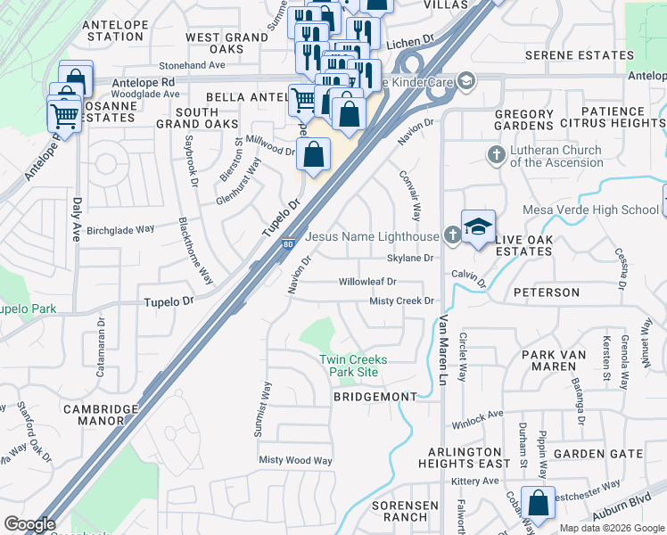 map of restaurants, bars, coffee shops, grocery stores, and more near 6533 Willowleaf Drive in Citrus Heights