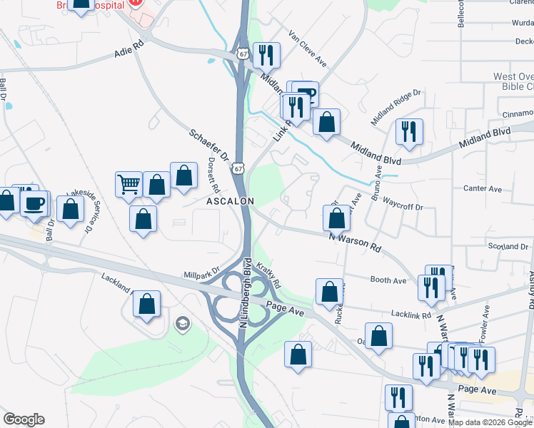 map of restaurants, bars, coffee shops, grocery stores, and more near 2315 Kratky Road in St. Louis