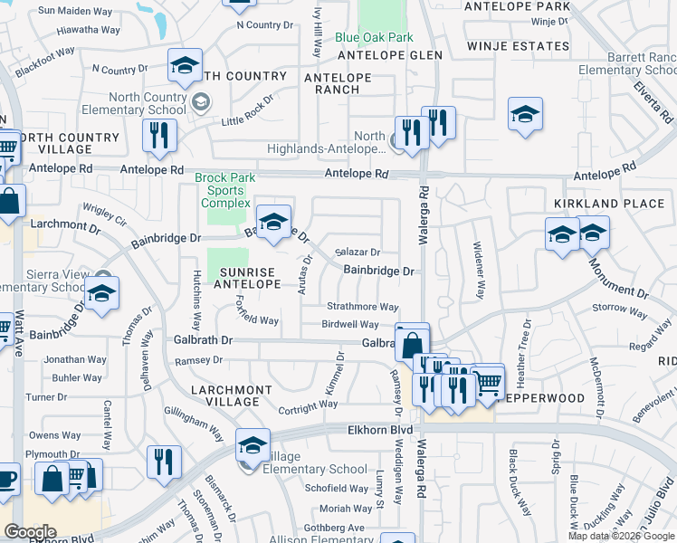 map of restaurants, bars, coffee shops, grocery stores, and more near 7299 Meath Way in North Highlands