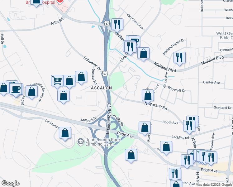map of restaurants, bars, coffee shops, grocery stores, and more near 11114 North Warson Road in St. Louis