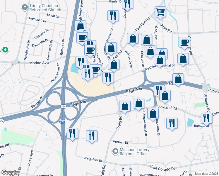 map of restaurants, bars, coffee shops, grocery stores, and more near 25 Westport Plaza in St Louis
