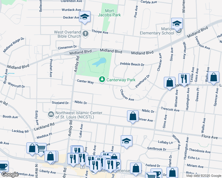 map of restaurants, bars, coffee shops, grocery stores, and more near 10294 Meadowood Drive in Overland