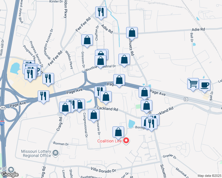 map of restaurants, bars, coffee shops, grocery stores, and more near 2250 Welsch Industrial Court in St. Louis