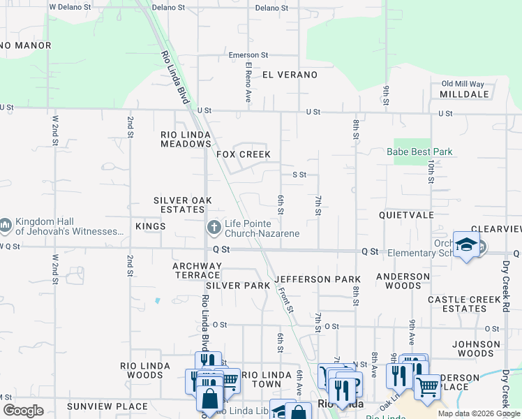 map of restaurants, bars, coffee shops, grocery stores, and more near 544 Fox Hunt Way in Rio Linda