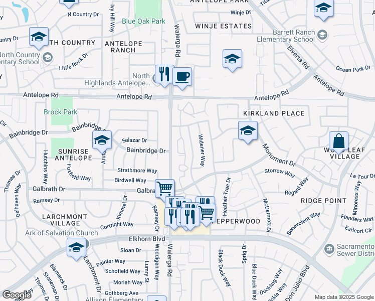map of restaurants, bars, coffee shops, grocery stores, and more near 7473 Holworthy Way in Sacramento