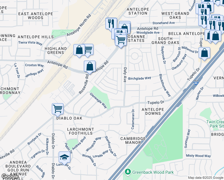 map of restaurants, bars, coffee shops, grocery stores, and more near 5873 Hobbs Lane in Sacramento