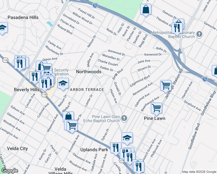 map of restaurants, bars, coffee shops, grocery stores, and more near 6801 Pasadena Boulevard in St. Louis