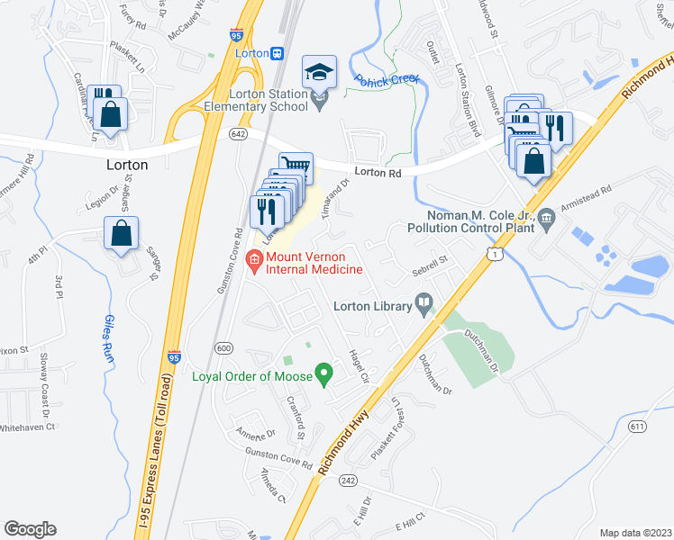 map of restaurants, bars, coffee shops, grocery stores, and more near 9739 Hagel Circle in Lorton