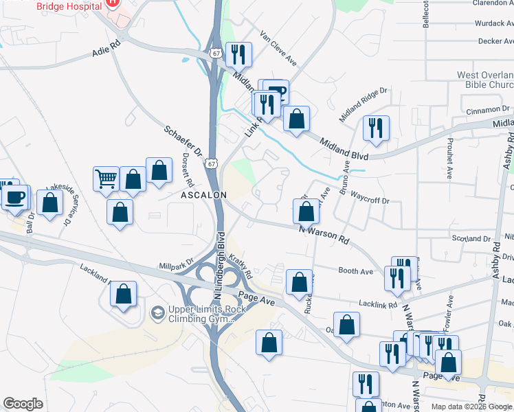 map of restaurants, bars, coffee shops, grocery stores, and more near 2339 Sandra Sue Drive in St. Louis