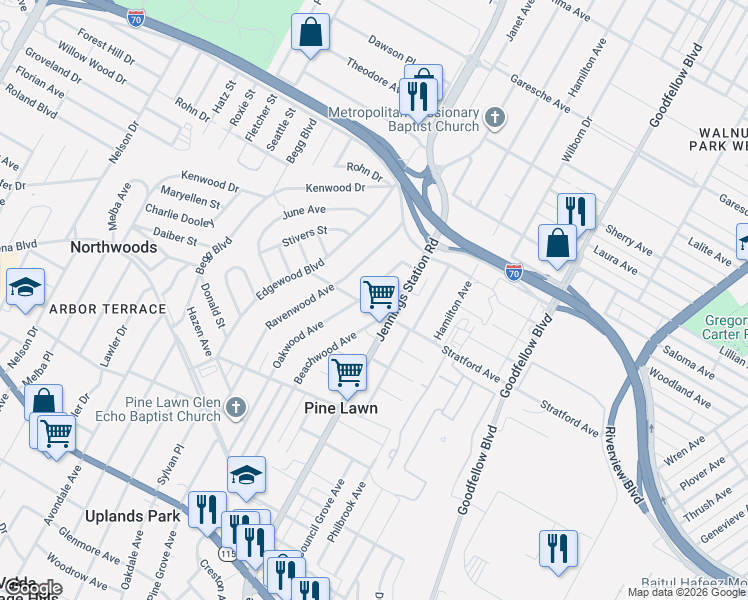 map of restaurants, bars, coffee shops, grocery stores, and more near 6705 Stratford Avenue in St. Louis