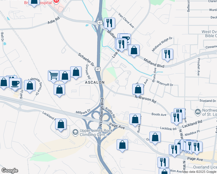 map of restaurants, bars, coffee shops, grocery stores, and more near 2303 Kratky Road in St. Louis
