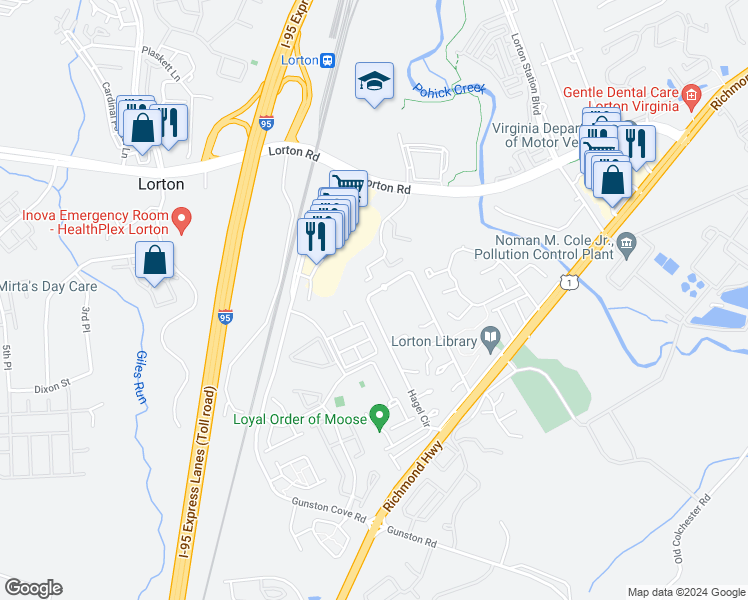 map of restaurants, bars, coffee shops, grocery stores, and more near 9720 Hagel Circle in Lorton