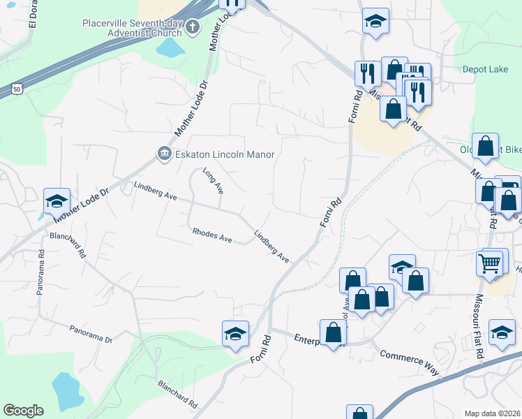map of restaurants, bars, coffee shops, grocery stores, and more near 4084 Betty Jean Court in Placerville