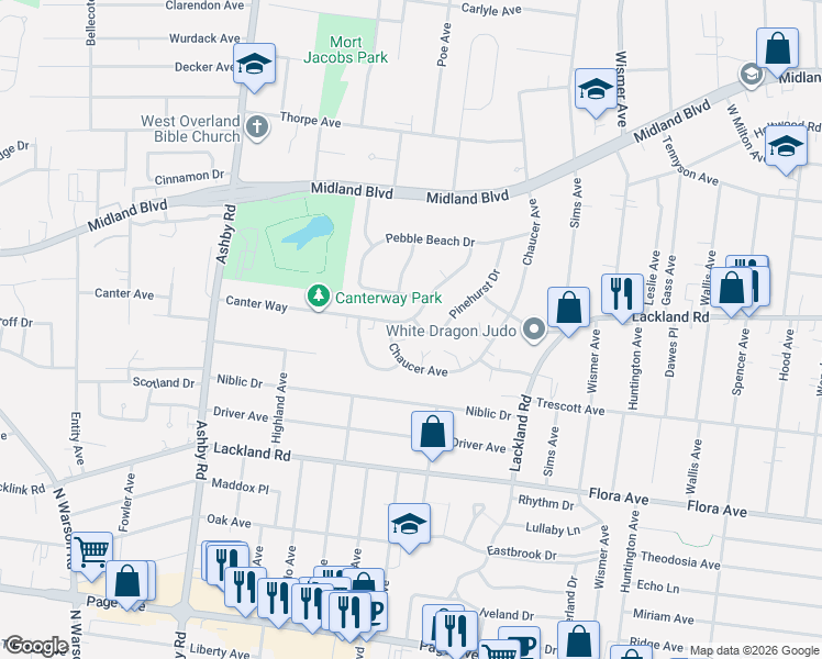 map of restaurants, bars, coffee shops, grocery stores, and more near 10136 Pinehurst Drive in St. Louis