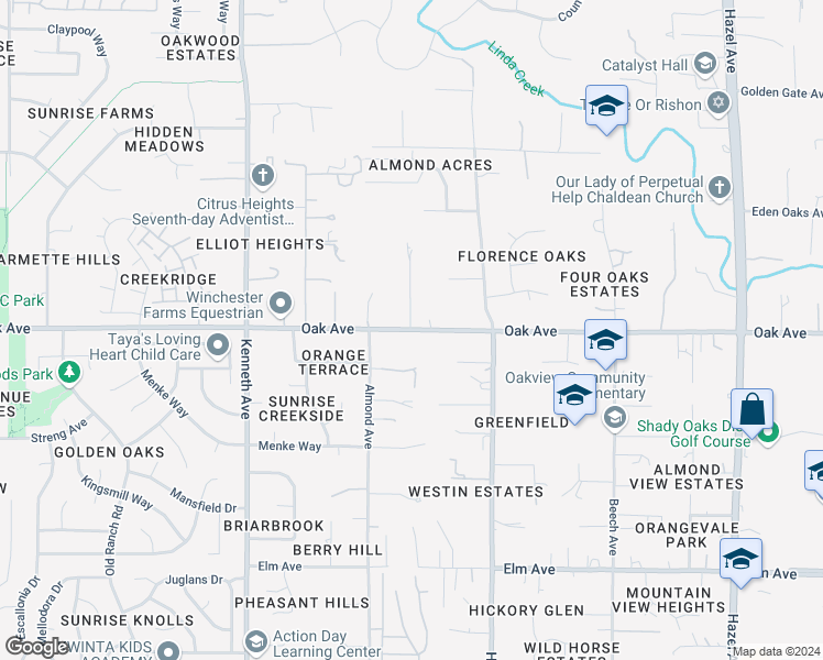 map of restaurants, bars, coffee shops, grocery stores, and more near Oak Ave & Hardy St in Orangevale