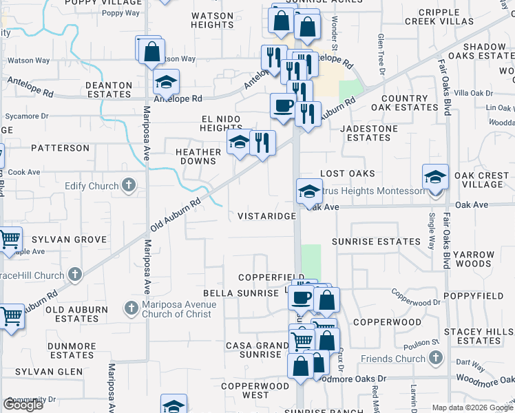 map of restaurants, bars, coffee shops, grocery stores, and more near 7405 Pennington Way in Citrus Heights