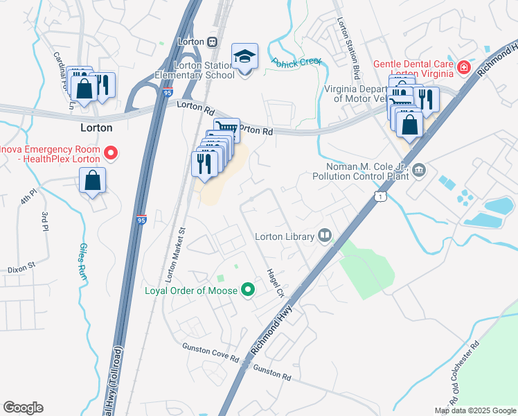map of restaurants, bars, coffee shops, grocery stores, and more near 9739 Hagel Circle in Lorton