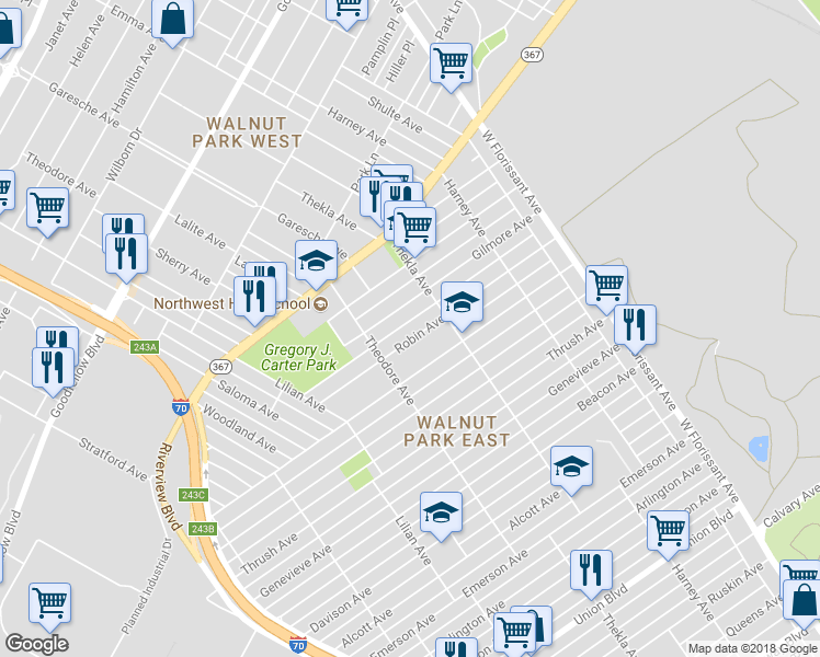 map of restaurants, bars, coffee shops, grocery stores, and more near 5236 Robin Avenue in St. Louis