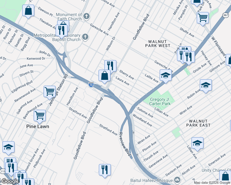 map of restaurants, bars, coffee shops, grocery stores, and more near 4849 Woodstock Avenue in St. Louis