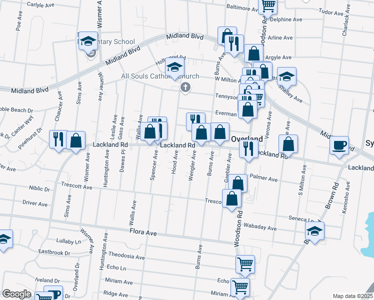 map of restaurants, bars, coffee shops, grocery stores, and more near 2353 Wengler Avenue in Overland