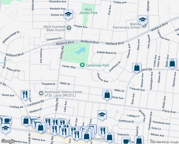map of restaurants, bars, coffee shops, grocery stores, and more near 10294 Meadowood Drive in Overland