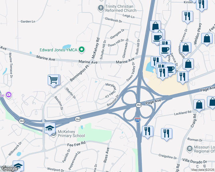 map of restaurants, bars, coffee shops, grocery stores, and more near 12405 Bur Oak Drive in St. Louis