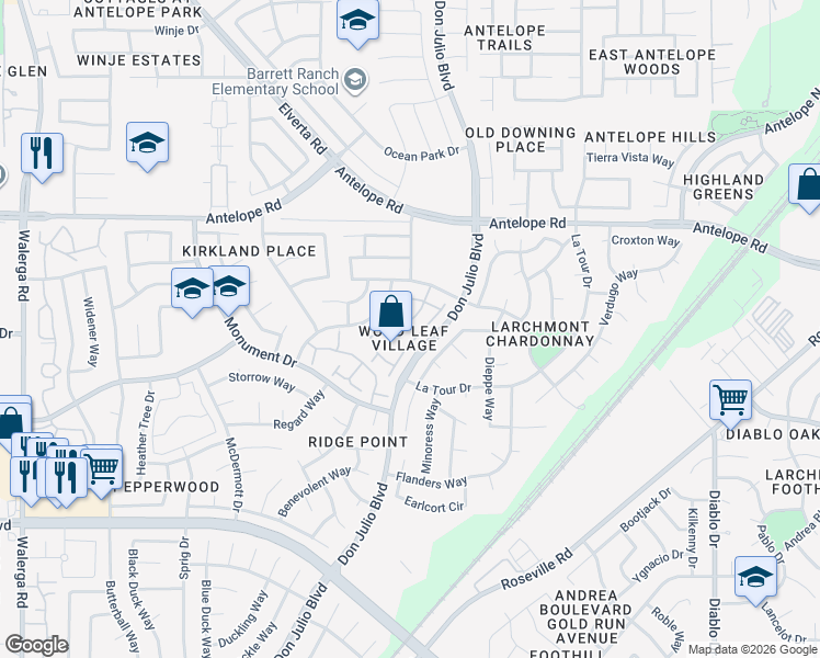 map of restaurants, bars, coffee shops, grocery stores, and more near 7344 High Point Lane in Sacramento