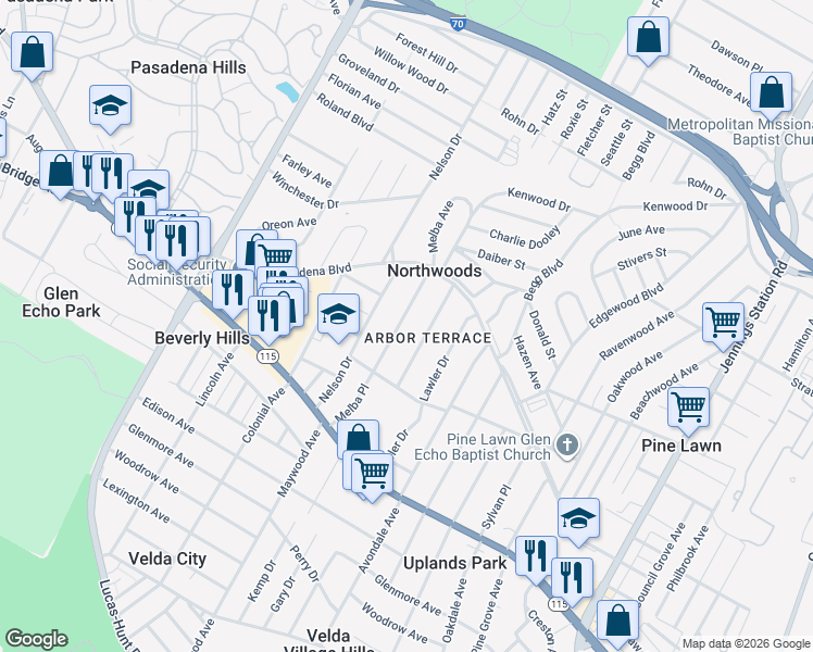 map of restaurants, bars, coffee shops, grocery stores, and more near 3815 Melba Place in St. Louis