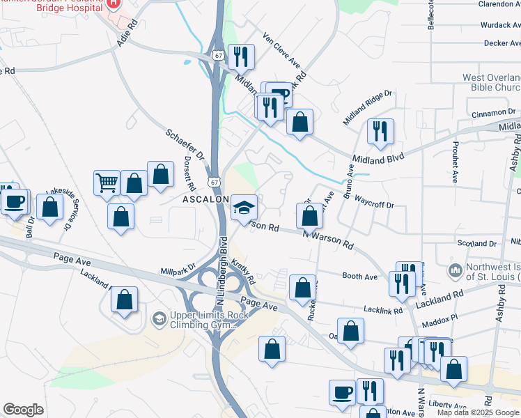 map of restaurants, bars, coffee shops, grocery stores, and more near 2339 Kratky Road in St. Louis