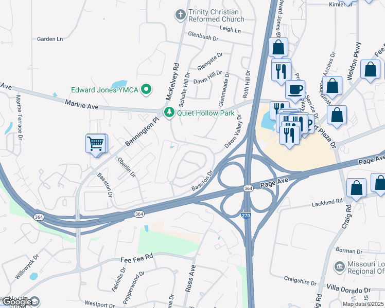map of restaurants, bars, coffee shops, grocery stores, and more near 12405 Bur Oak Drive in St. Louis